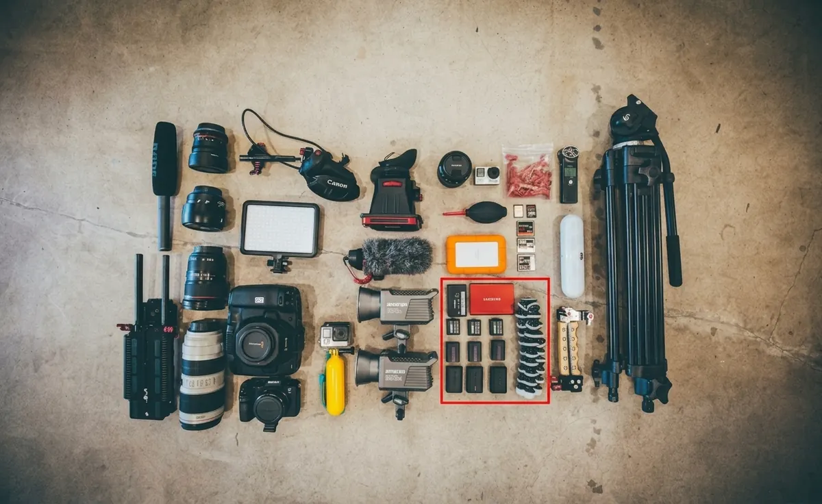 Equipamento do Estúdio Gigante organizado sobre o piso: câmera Blackmagic Pocket 6K, luzes Amaran, lentes Canon e Nikon, microfones, tripé e acessórios