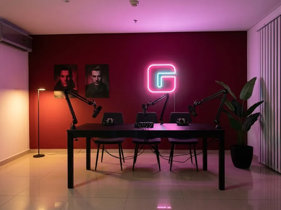 Cenário com mesa de podcast para três pessoas, microfones em braço articulado e o símbolo da marca em neon na parede